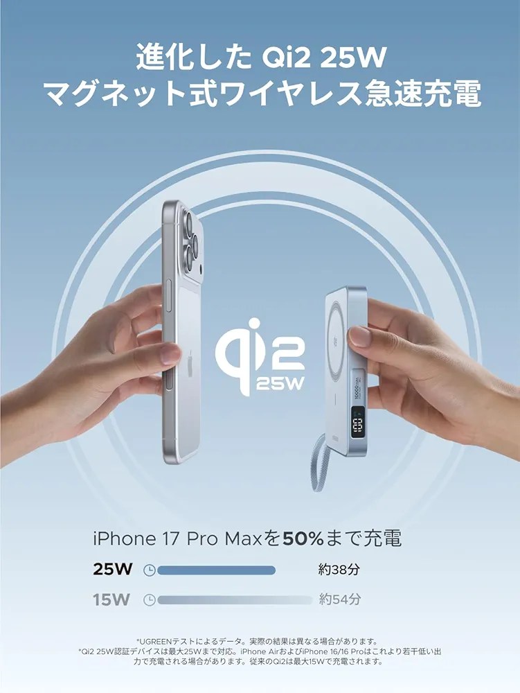 UGREEN MagFlow Qi2 側面とインジケーター